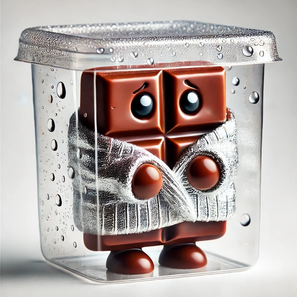 Chocolate is hidden in a container from humid air, wrapped in a foil sweater